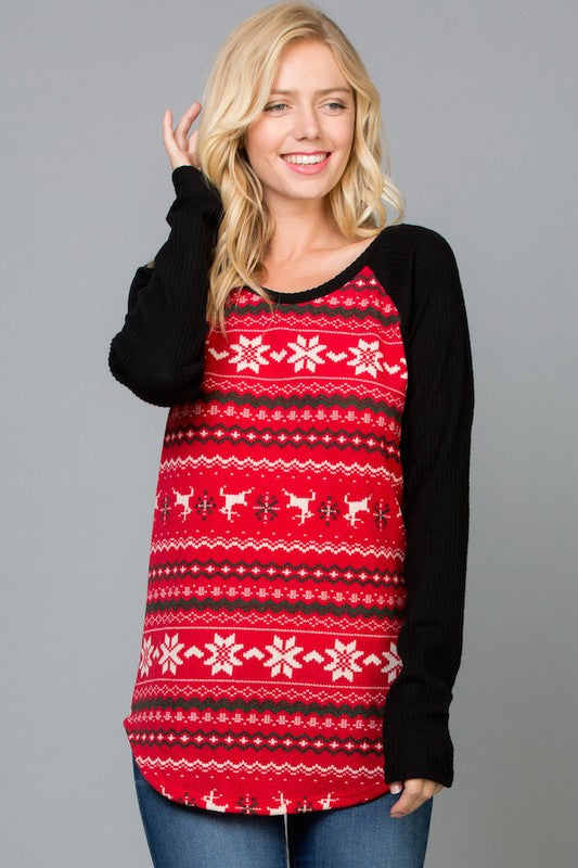 Reindeer Print Raglan Sleeves Top