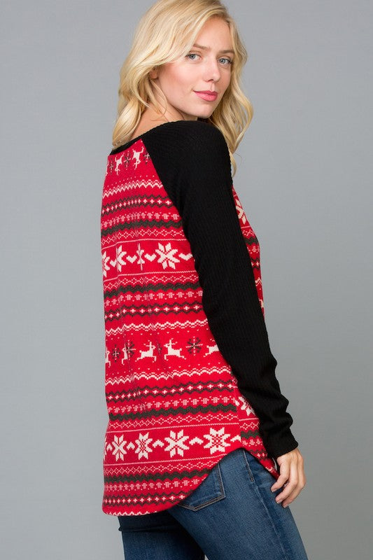Reindeer Print Raglan Sleeves Top