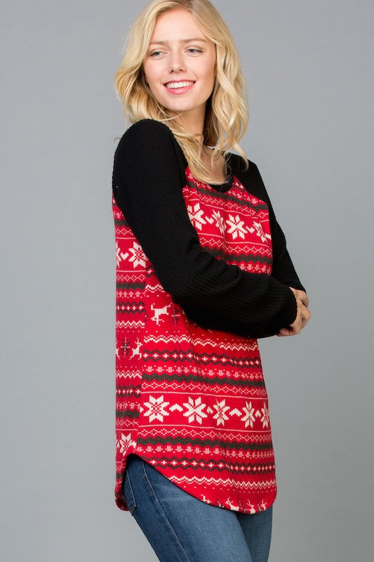 Reindeer Print Raglan Sleeves Top