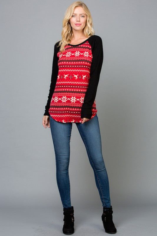 Reindeer Print Raglan Sleeves Top