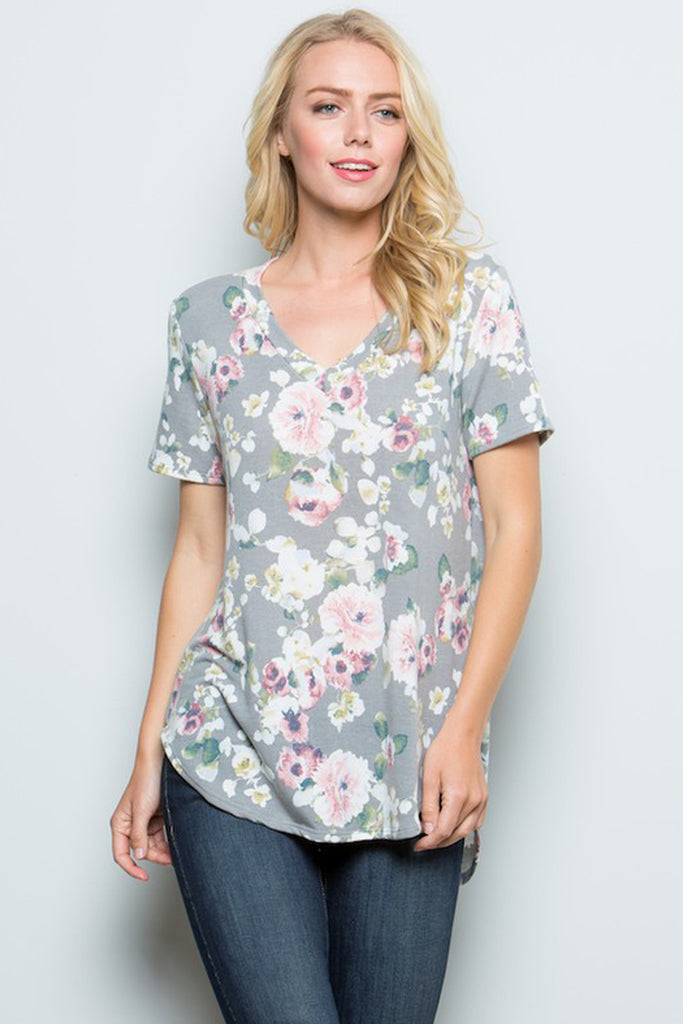 Floral Hi-Lo Hem V Neckline Top