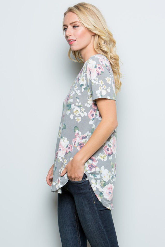 Floral Hi-Lo Hem V Neckline Top