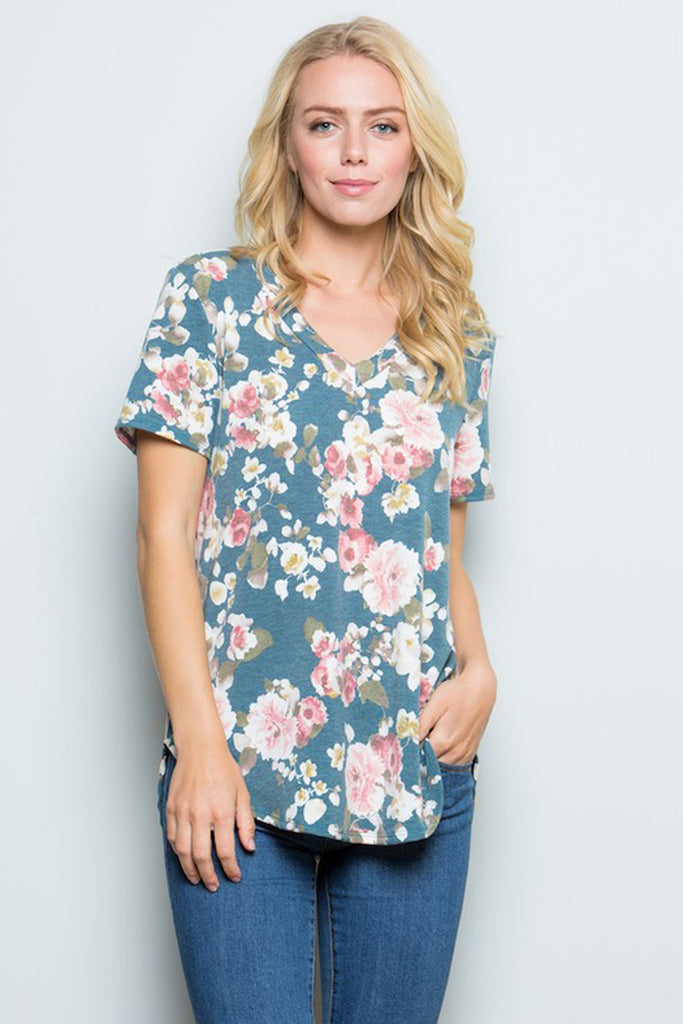 Floral Hi-Lo Hem V Neckline Top