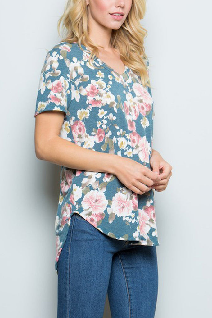 Floral Hi-Lo Hem V Neckline Top