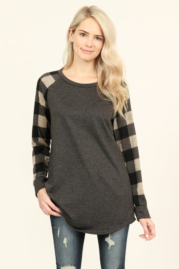 French Terry Plaid Sleeve Knit Tunic