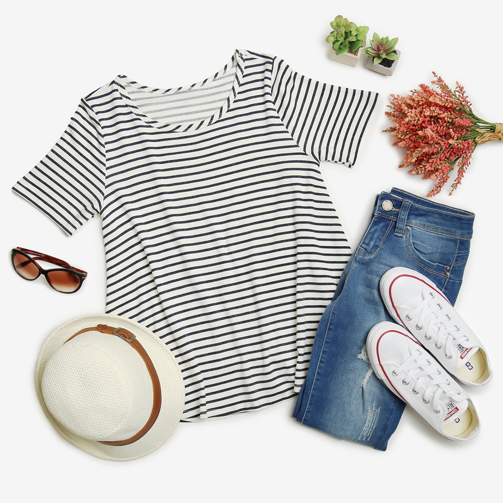 Short Sleeved Scoop Neck Striped Tee