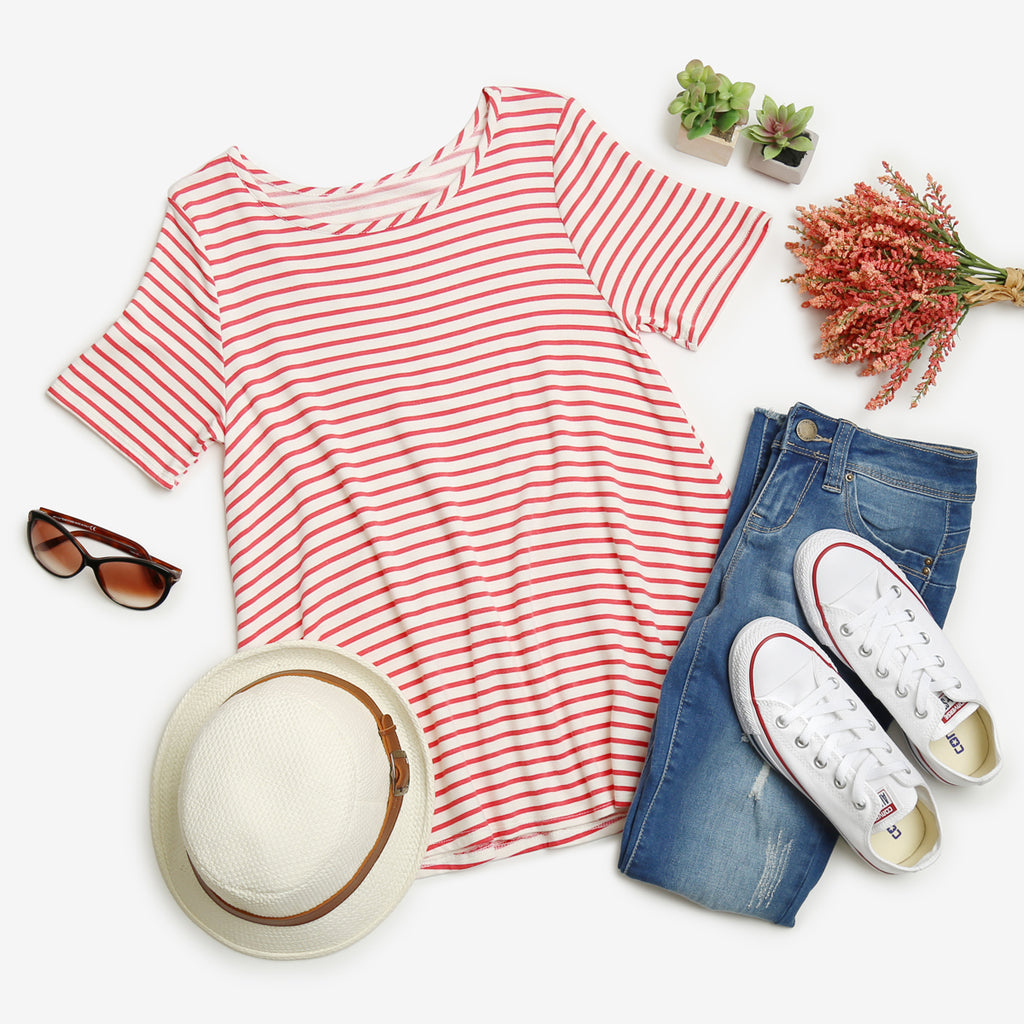 Short Sleeved Scoop Neck Striped Tee