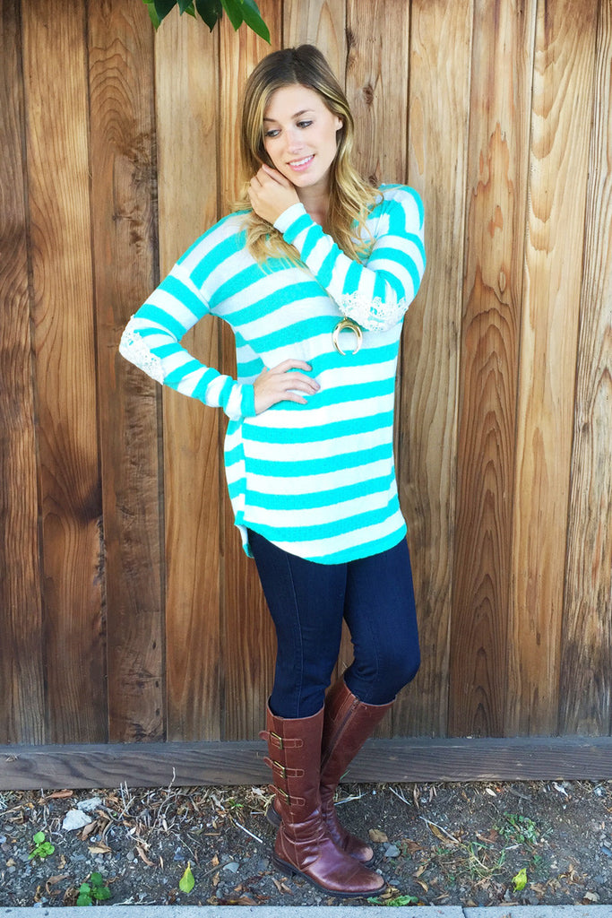 Lace Crochet Elbow Stripe Top-2 Colors!