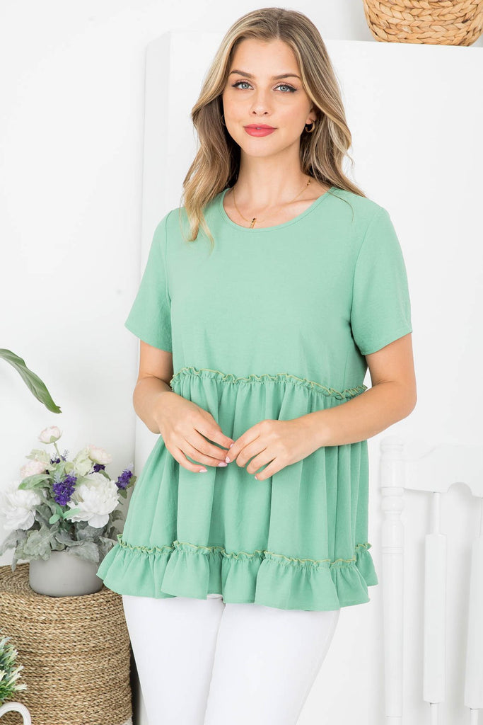 Solid Short Ruffle Hem Merrow Detail Top