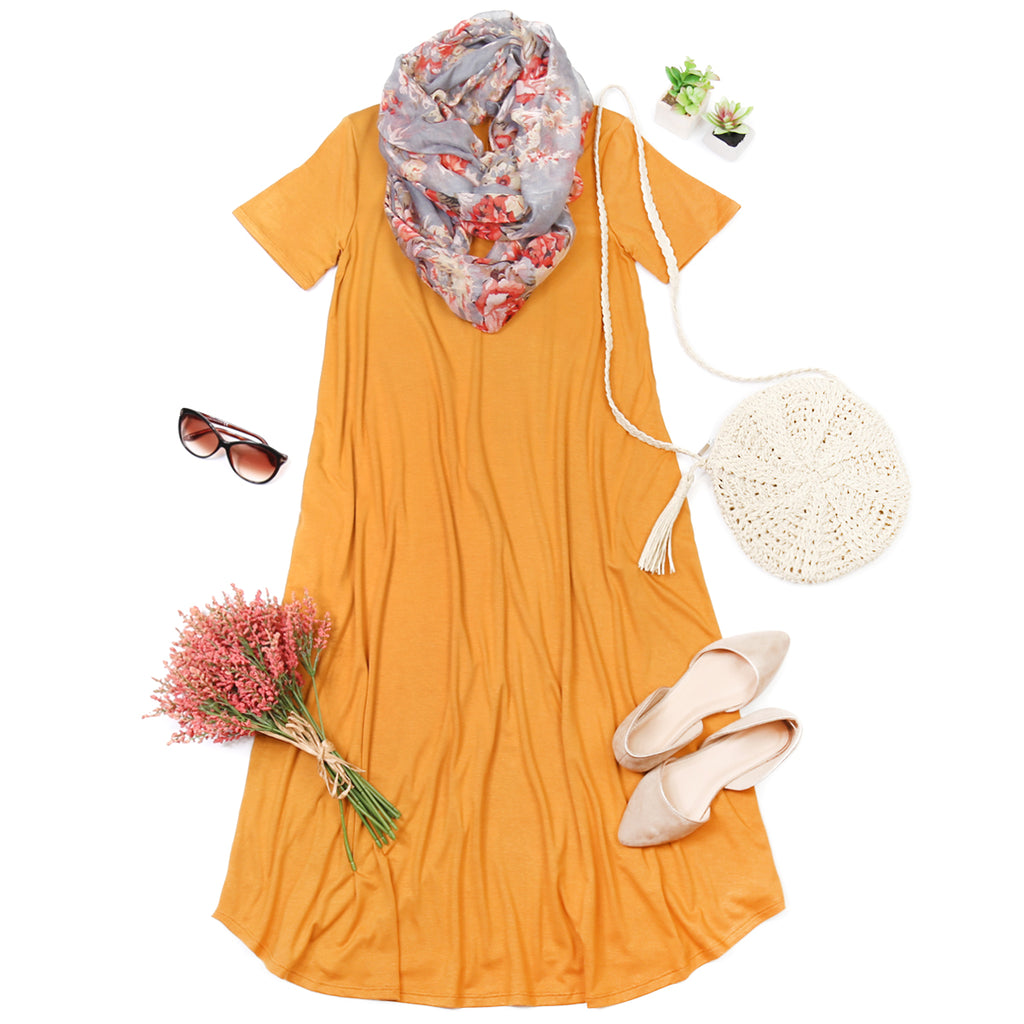 Short Sleeve Viscose Round Neck Pocket Dress