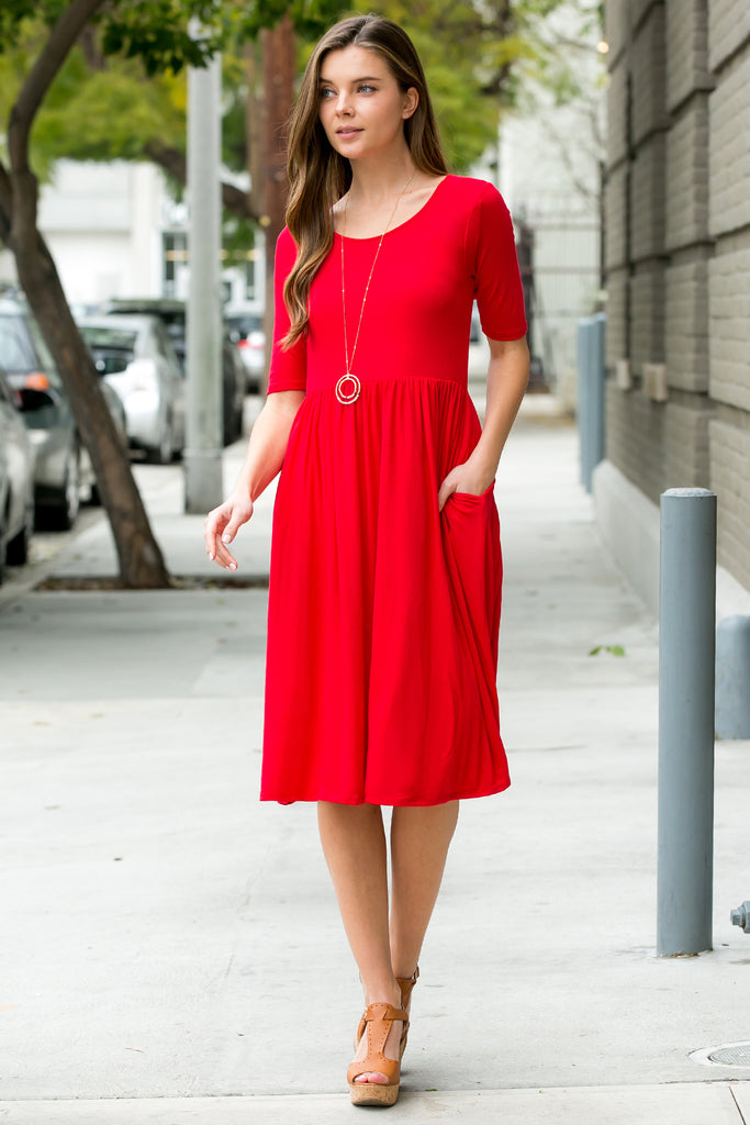 Short Sleeved Empire Waist Pocket Dress