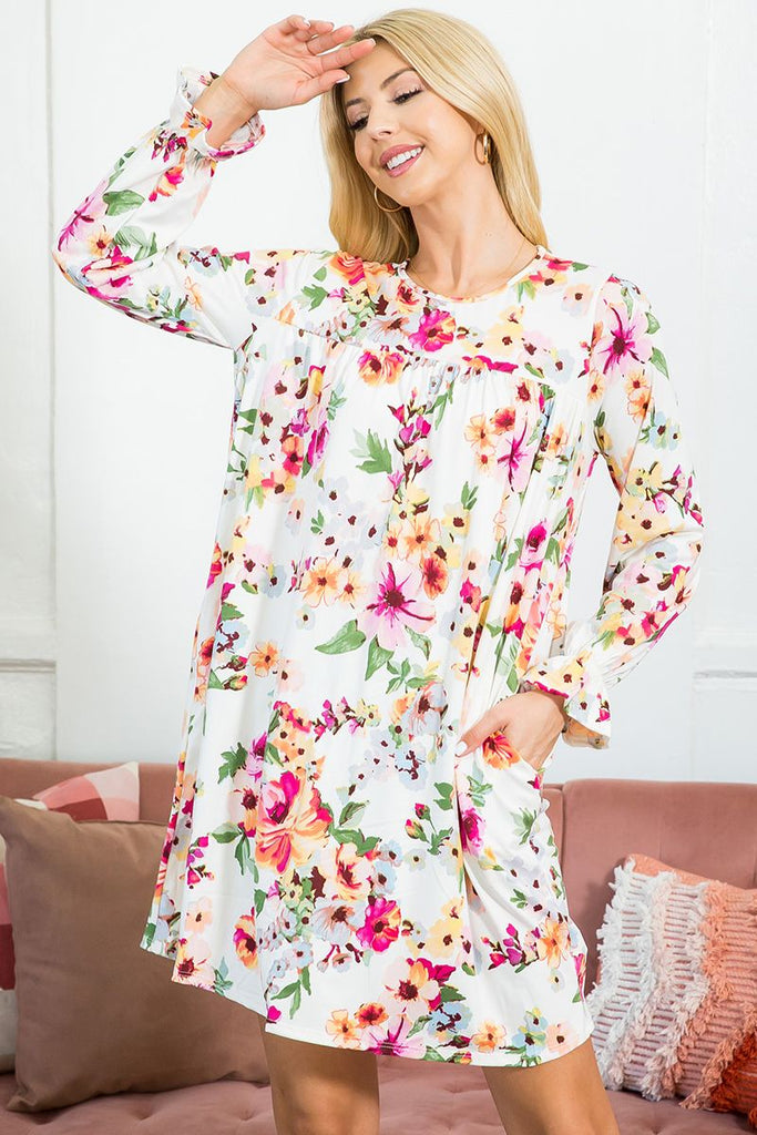 Long Sleeve Ruffle Floral Pleated Dress