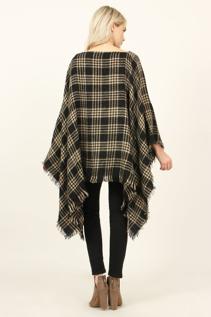Plaid Fringe Hem Poncho