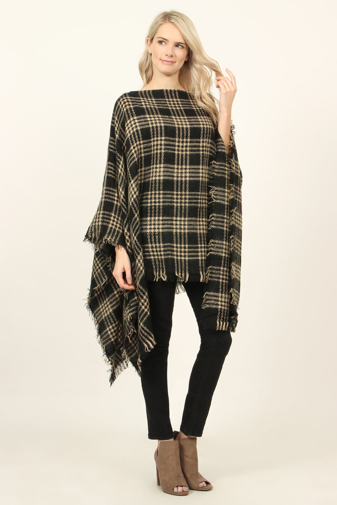 Plaid Fringe Hem Poncho
