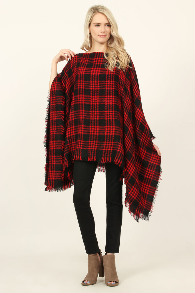 Plaid Fringe Hem Poncho