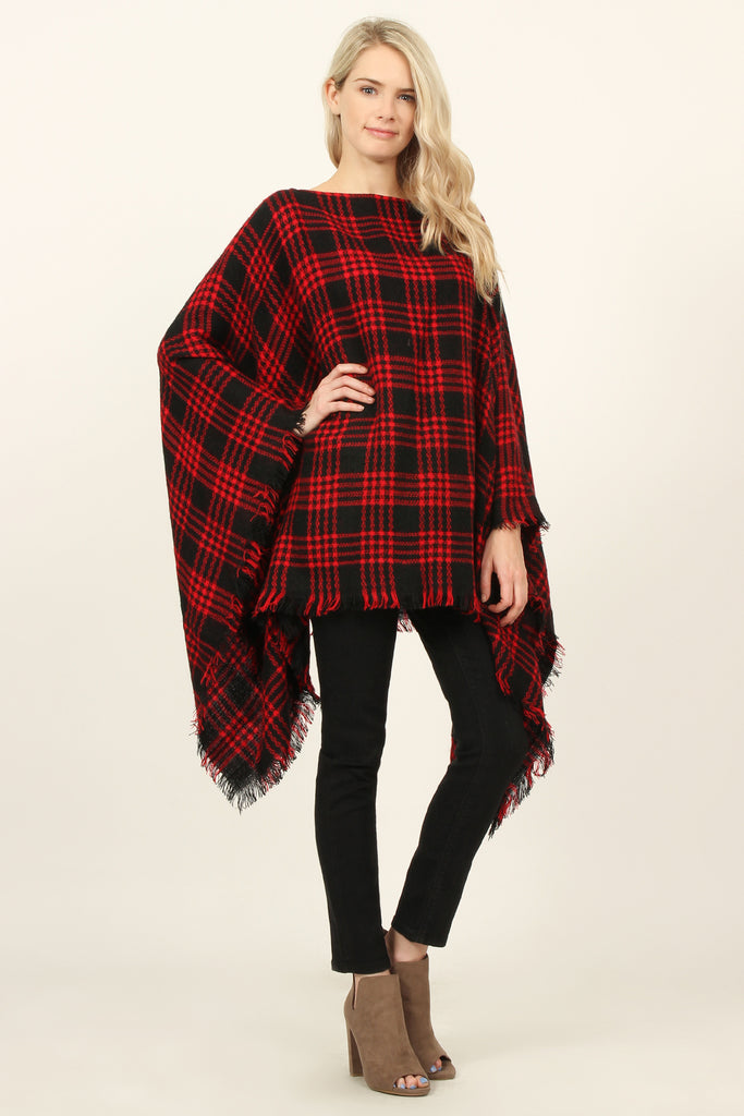 Plaid Fringe Hem Poncho