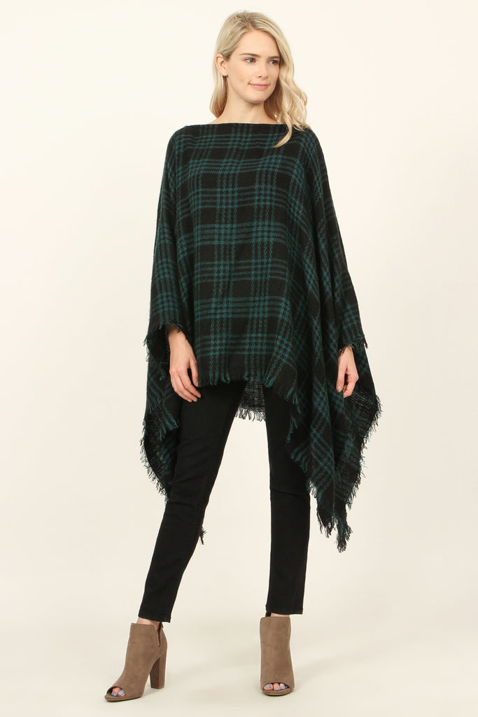 Plaid Fringe Hem Poncho