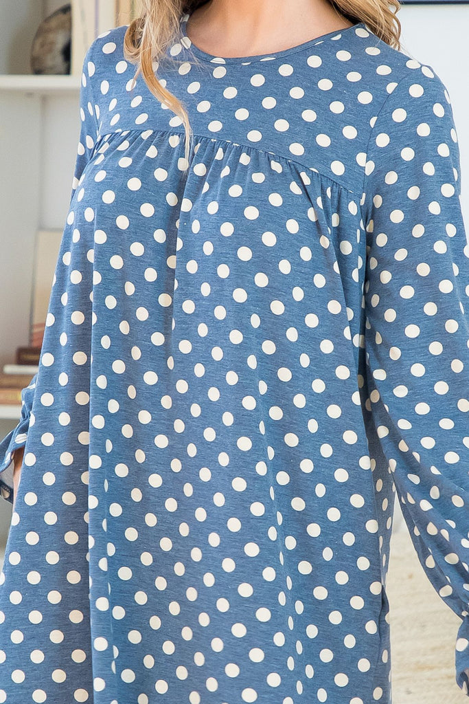 Ruffle Long Sleeve Polka Dot Shirring Detail Dres