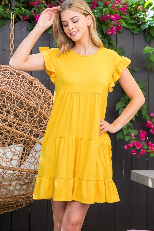 Ruffle Short Sleeve Tiered Solid Dress