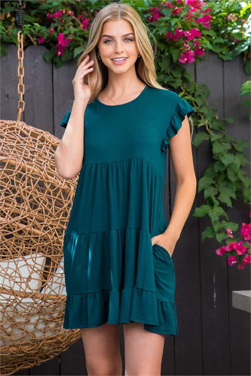 Ruffle Short Sleeve Tiered Solid Dress
