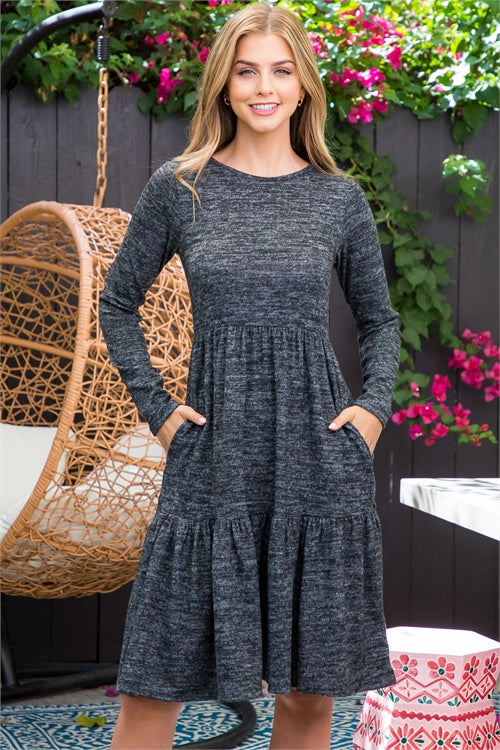 Long Sleeve Tiered Ruffle Tri-Blend Dress