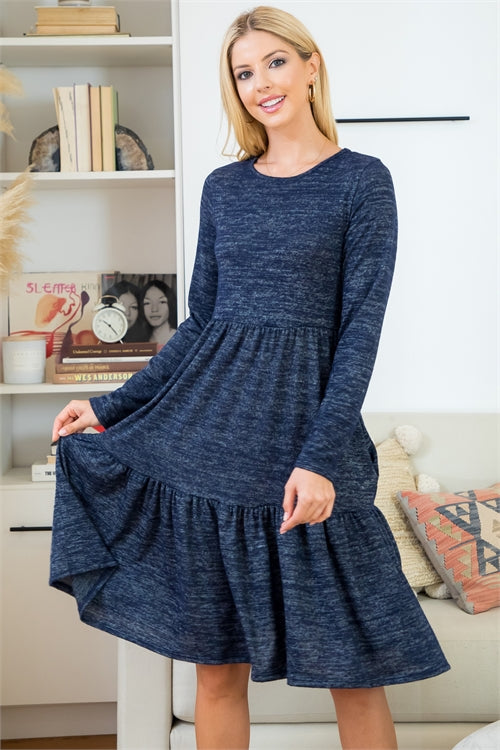 Long Sleeve Tiered Ruffle Tri-Blend Dress