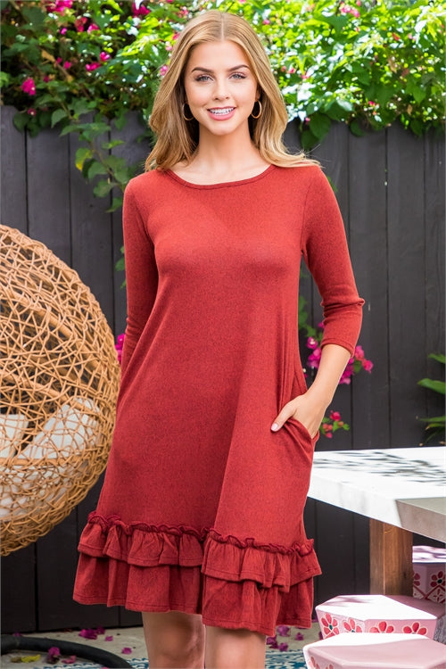 Quarter Sleeve Ruffle Hem Detail Dress