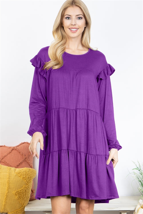 Long Sleeve Ruffle Detail Solid Dress
