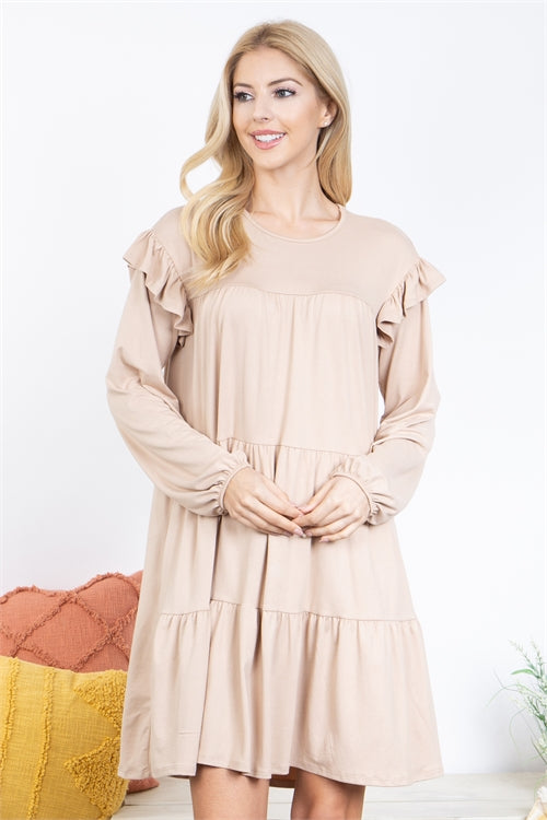 Long Sleeve Ruffle Detail Solid Dress