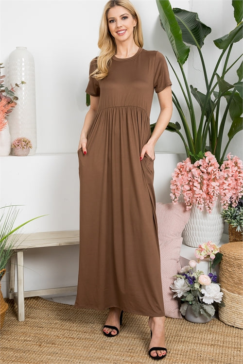 Solid Round Neckline Short Sleeve Maxi Dress