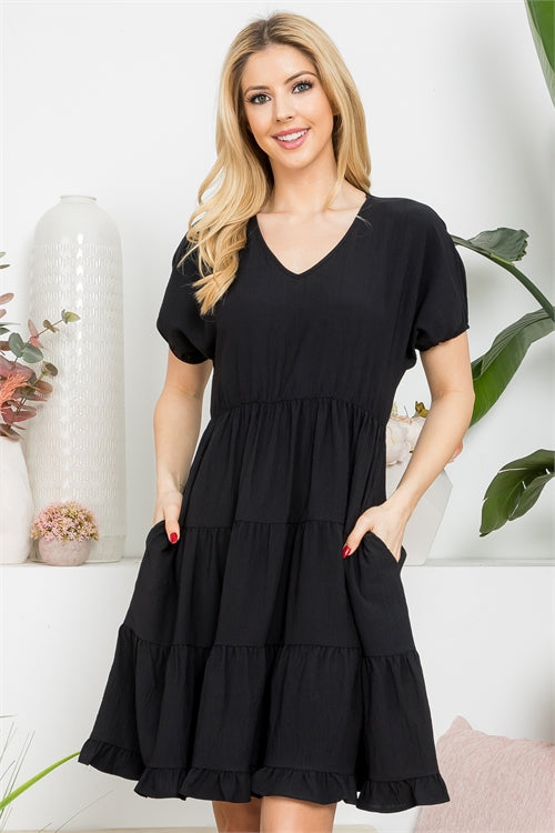 Solid V-Neck Short Sleeve Tiered Dress