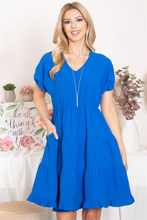 Solid V-Neck Short Sleeve Tiered Dress