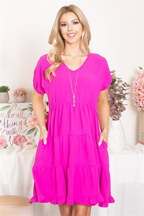Solid V-Neck Short Sleeve Tiered Dress