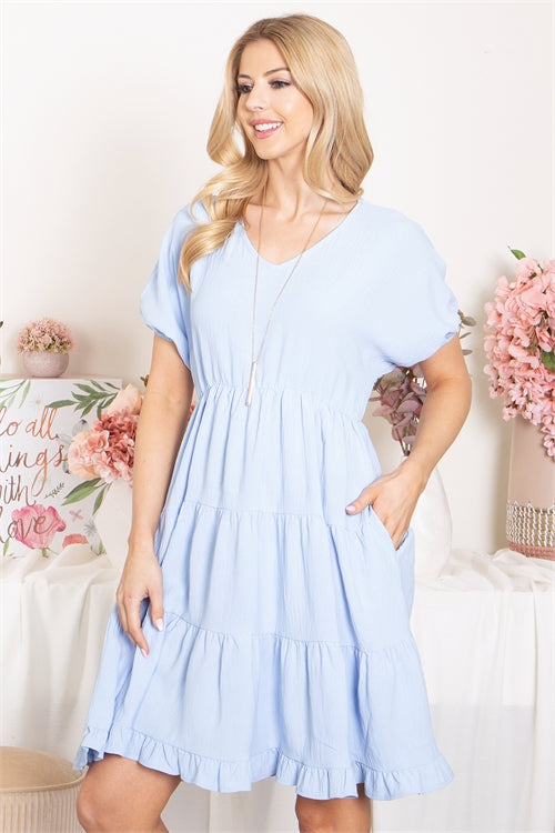 Solid V-Neck Short Sleeve Tiered Dress