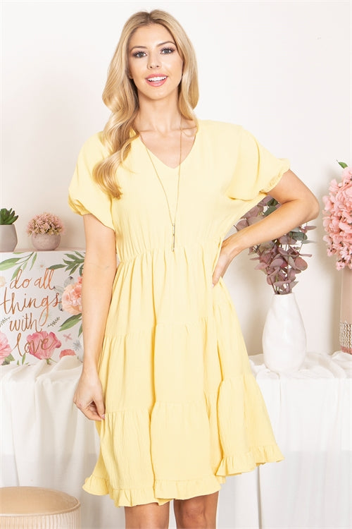 Solid V-Neck Short Sleeve Tiered Dress