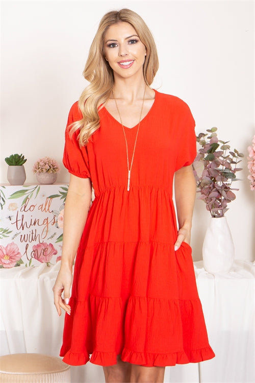 Solid V-Neck Short Sleeve Tiered Dress