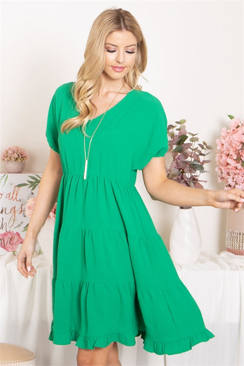 Solid V-Neck Short Sleeve Tiered Dress