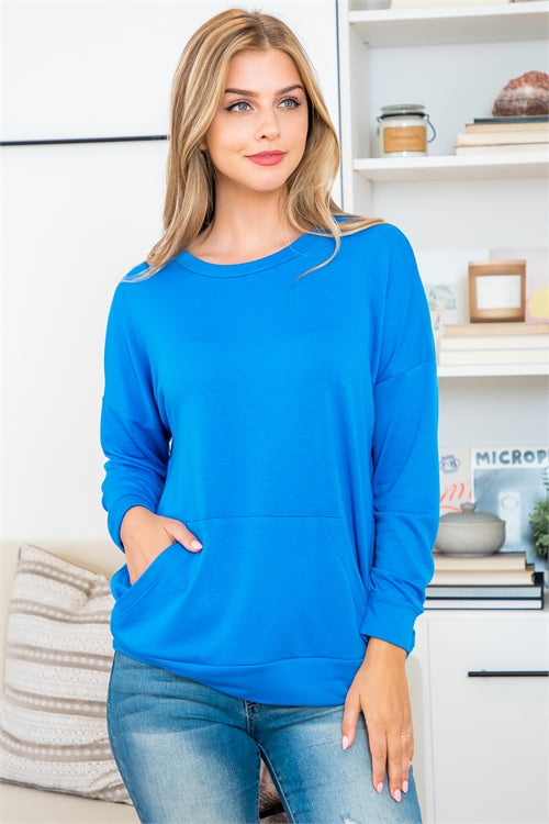 Solid French Terry Long Sleeve Top With Kangaroo Pocket 1