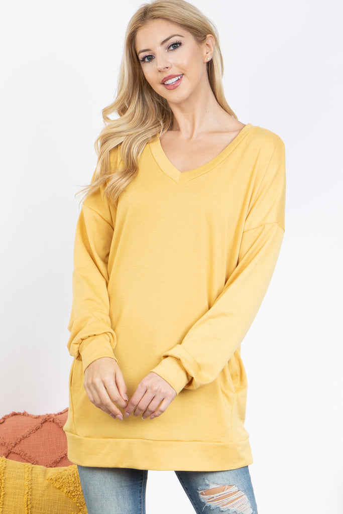 Solid V-Neck Puff Long Sleeve Top