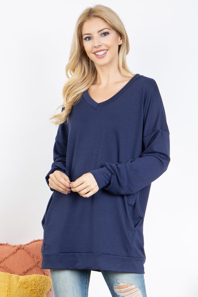 Solid V-Neck Puff Long Sleeve Top