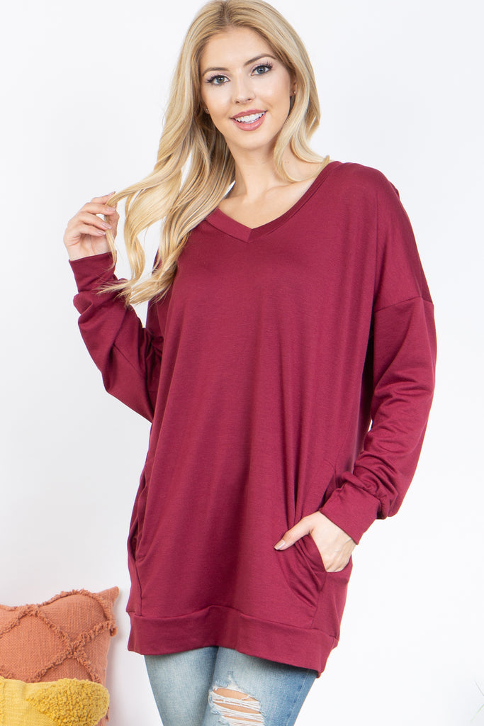 Solid V-Neck Puff Long Sleeve Top