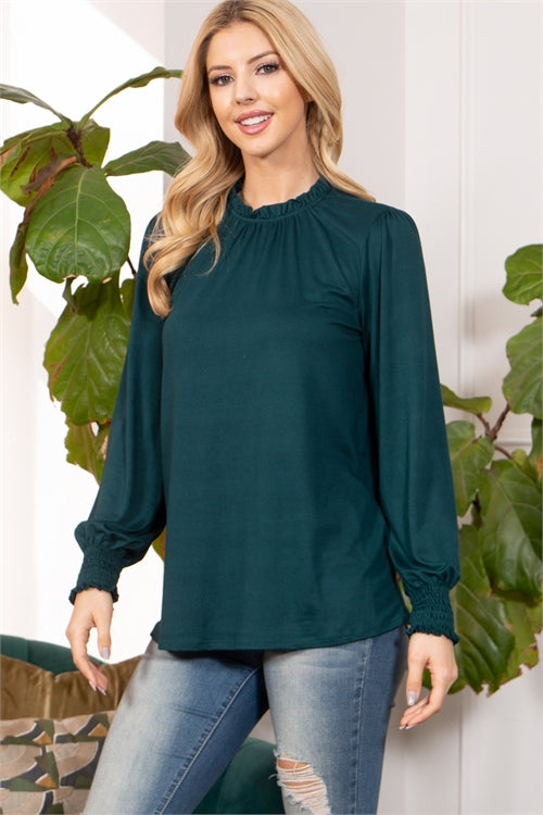 Fold Frill Neckline Long Sleeve Solid Top