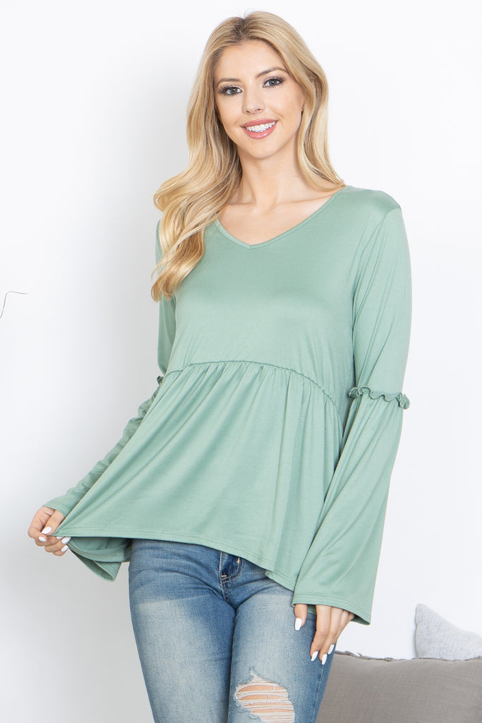 Solid Long Sleeve Waist Shirring Top