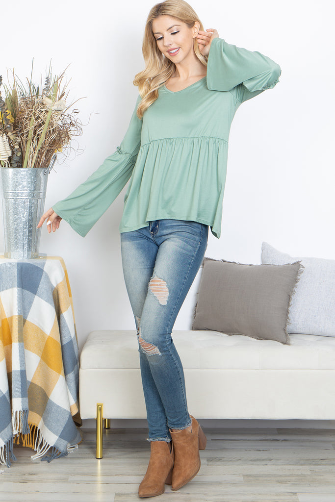 Solid Long Sleeve Waist Shirring Top