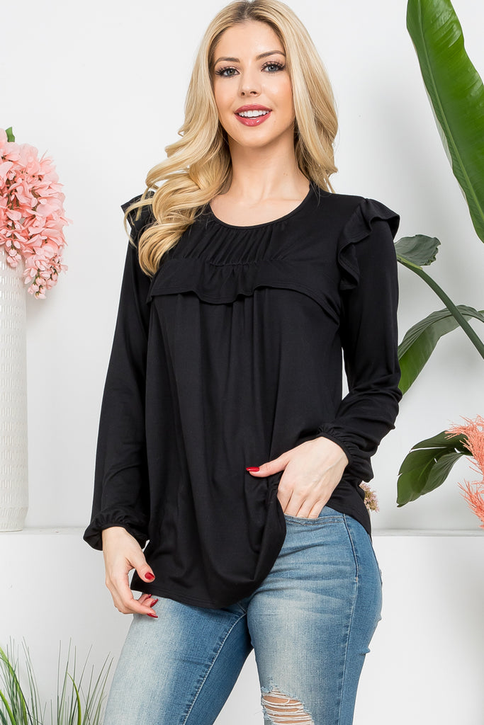 Solid Wide Ruffle Sleeved Top