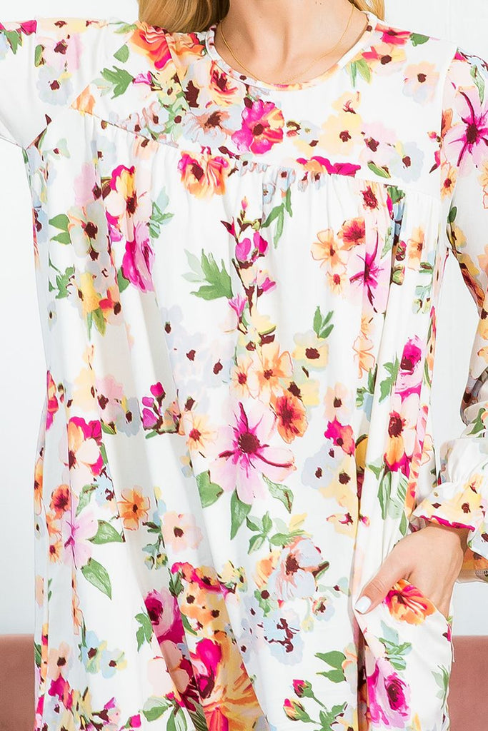 Long Sleeve Ruffle Floral Pleated Dress
