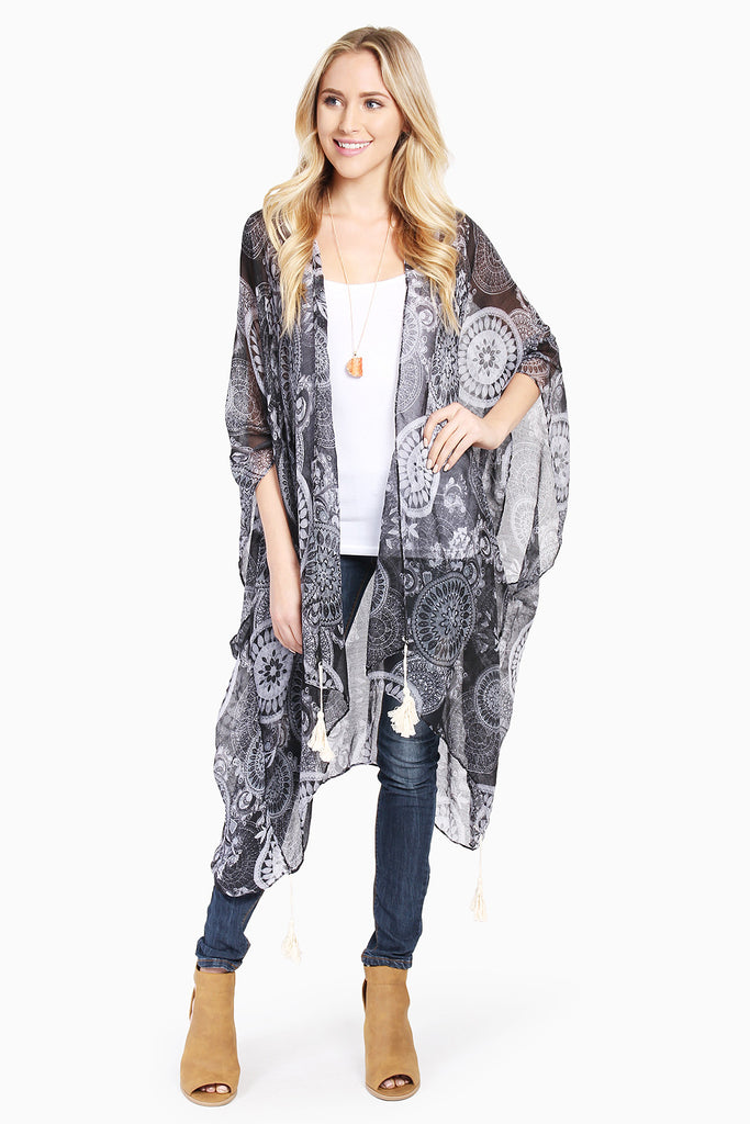 FLORAL PRINT POM-POM TASSEL SHEER CARDIGAN