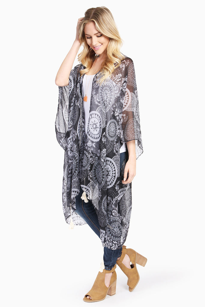 FLORAL PRINT POM-POM TASSEL SHEER CARDIGAN