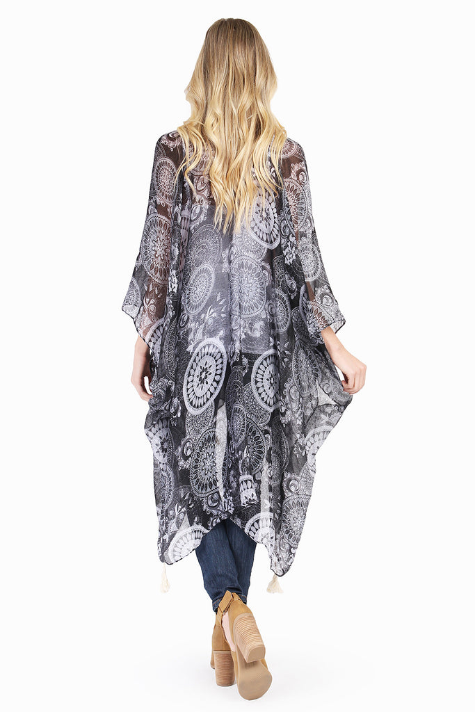 FLORAL PRINT POM-POM TASSEL SHEER CARDIGAN