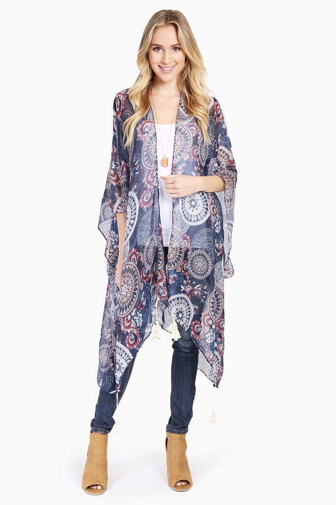 FLORAL PRINT POM-POM TASSEL SHEER CARDIGAN